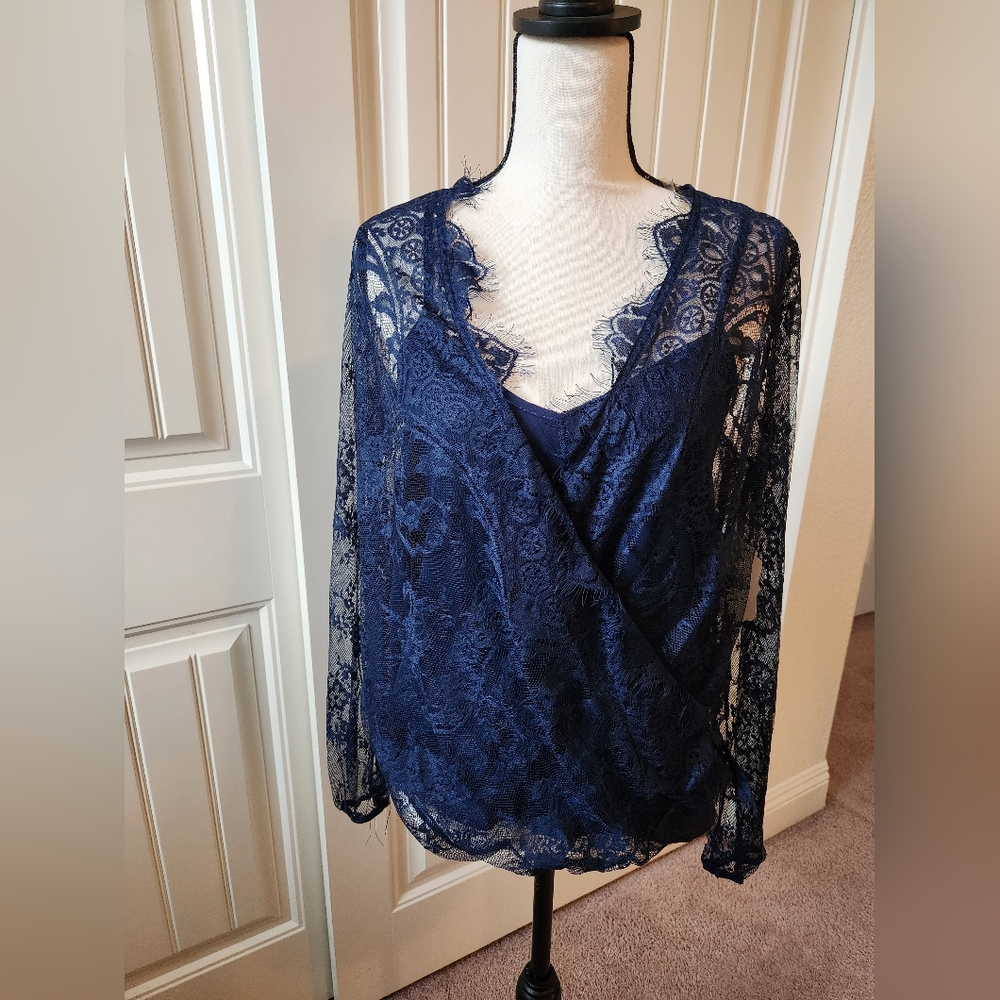 NWT Altar'd State Navy Blue Lace V-neck Shirt Blouse